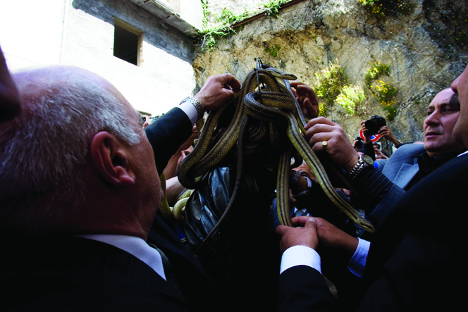 Cocullo,L'Aquila,Italy, 1 may 2008 The Procession of the Snake Catchers: On the first Thursday of May, the people of Cocullo, a small cluster of houses high in the Abruzzo hills, give thanks to their patron Saint Domenico in a somewhat unusual manner - th