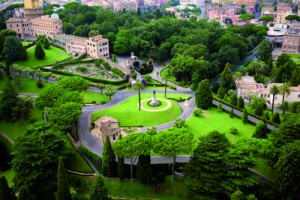 Vatican Gardens seen from Cupola of St. Peter's Basilica. Rome, Italy.