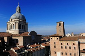 Aerial view of Piazza delle erbe with the dome of Sant'Andrea