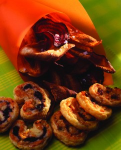 olive palmiers and sweet potato chips