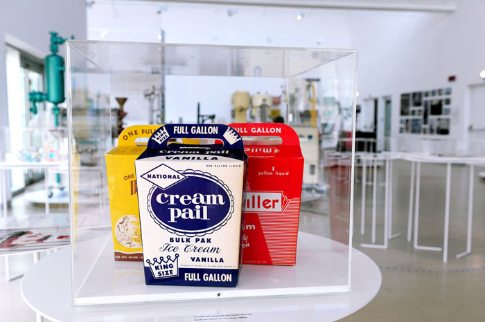 Vintage gelato boxes for display at the Carpigiani Gelato Museum in Anzola nell'Emilia, near Bologna. Opened in 2012, it is the first musem entirely dedicated to the history, culture and technology of artisan gelato.