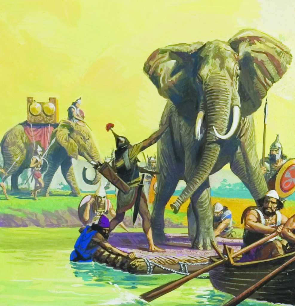 Hannibal's elephants.  In order to make the elephants think they were still on dry land while crossing the Rhone, Hannibal had their rafts covered with earth.  The trick worked.
