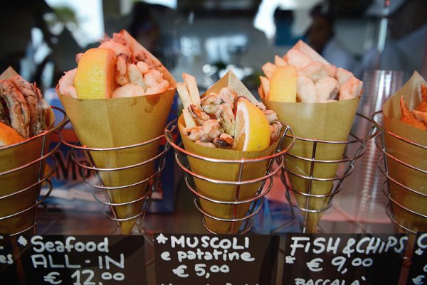 Cones of seafood in a shop in Cinque Terre