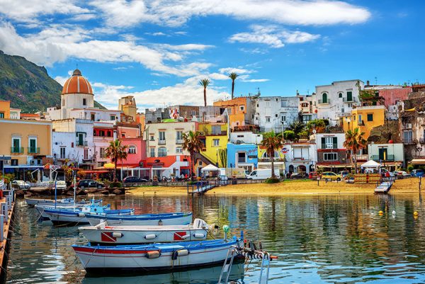 Ischia coast with colourful buildings