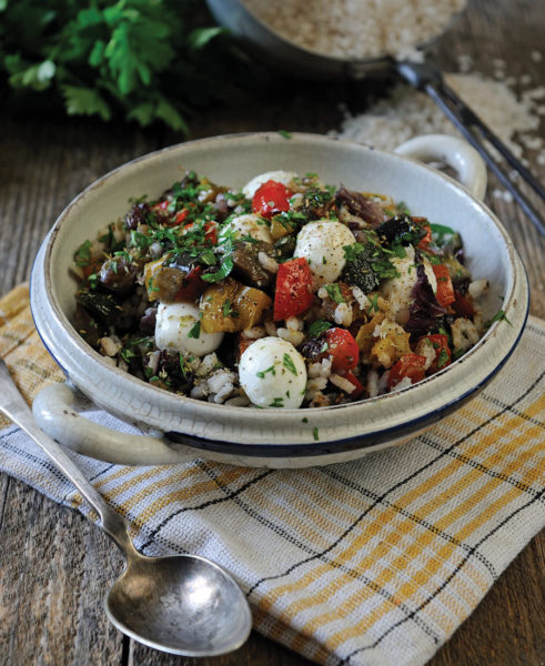 Med rice salad in bowl