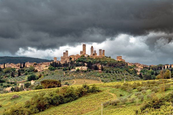 Torre Grossa from a distance with storm clouds