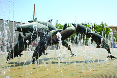 22. a jolly fountain sculpture celebrates the playfulness of dolphins