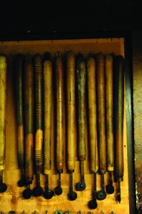 Tools hanging on the walls at La Scuola del Cuoio in Florence