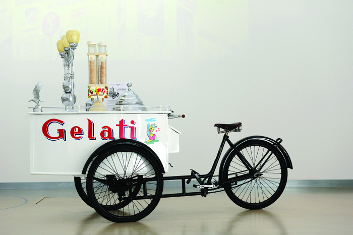 A gelato tricycle from the end of the 1930s for display at the Carpigiani Gelato Museum in Anzola nell'Emilia, near Bologna. Opened in 2012, it is the first musem entirely dedicated to the history, culture and technology of artisan gelato.