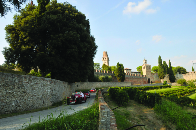 Classic cars trundle by ancient vines.