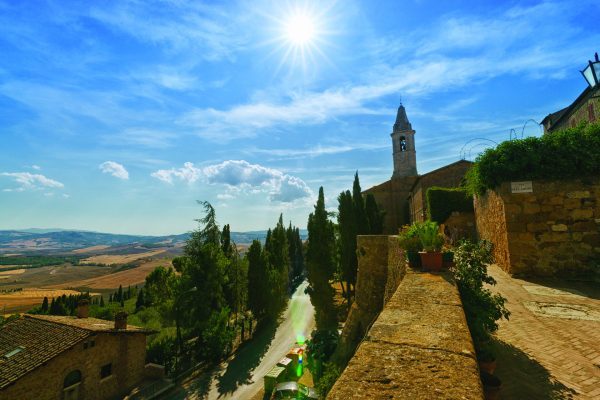 View from the City Wall of Pienza, on the summerly dry Tuscany- Landscape and Mountains. (Some Lens Flares in the lower Part)