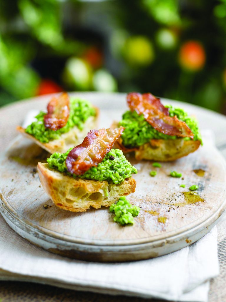 Bruschetta with smashed peas and crispy pancetta Italy Travel and