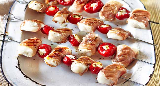 Cod, prosciutto and pepper kebabs