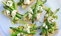 Asparagus, Broad Bean Mint and Mozzarella Bruschetta