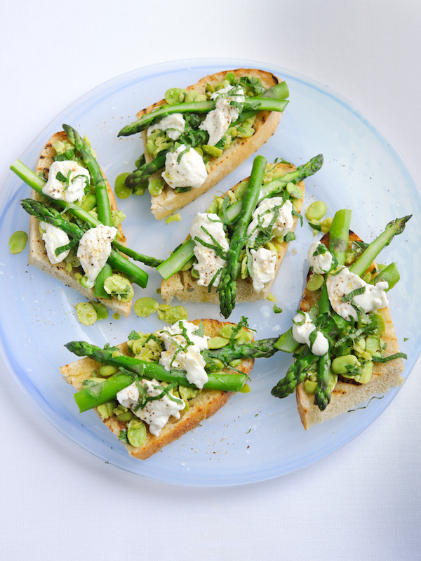 Asparagus, Broad Bean Mint and Mozzarella Bruschetta