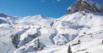 Skiing area in the Dolomites Alps. Overlooking the Sella group in Val Gardena. Italy