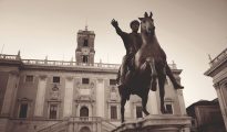 Piazza del Campidoglio with statue of Marcus Aurelius in Rome, Italy.