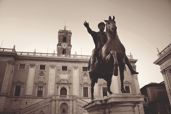 Piazza del Campidoglio with statue of Marcus Aurelius in Rome, Italy.