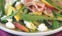 Parma ham, peach, mozzarella and dandelion leaf salad