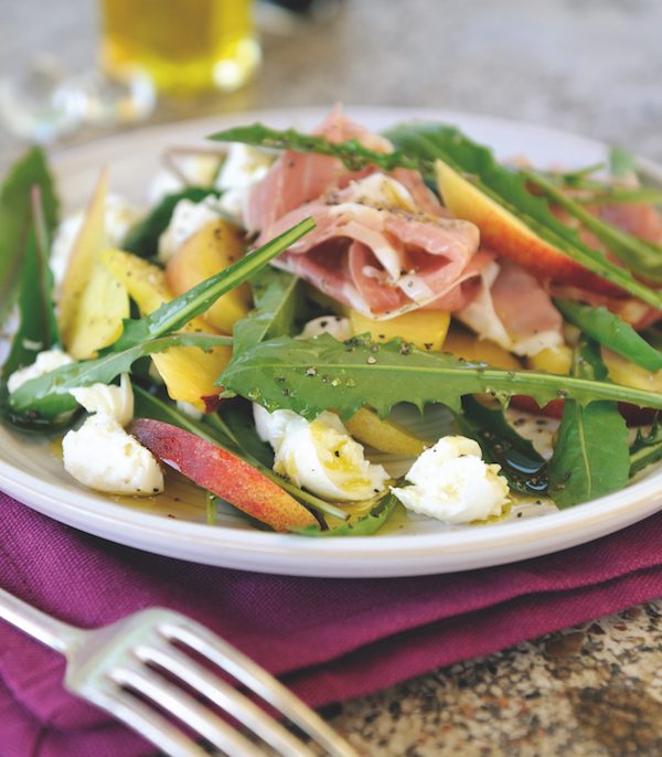 Parma ham, peach, mozzarella and dandelion leaf salad