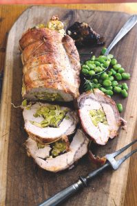 Roast loin of pork stuffed with broad beans and pecorino