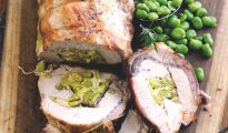 Roast loin of pork stuffed with broad beans and pecorino