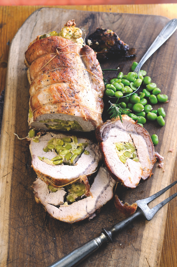 Roast loin of pork stuffed with broad beans and pecorino