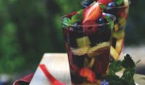Mixed fruit salad with basil syrup