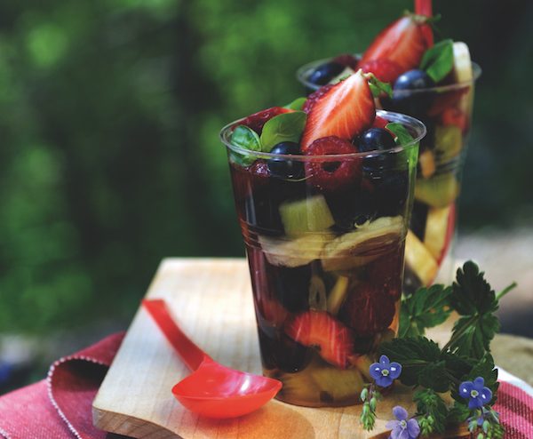 Mixed fruit salad with basil syrup