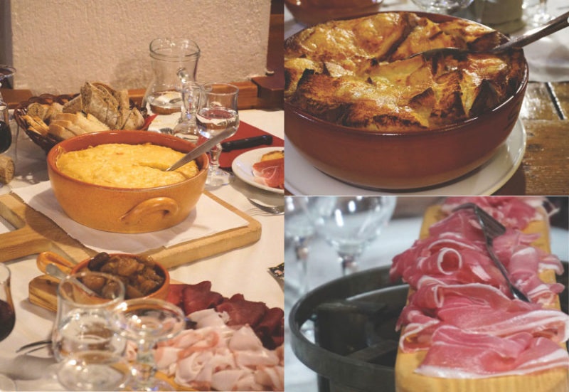 collage of local san bernardo foods: cured meats, polenta, soups