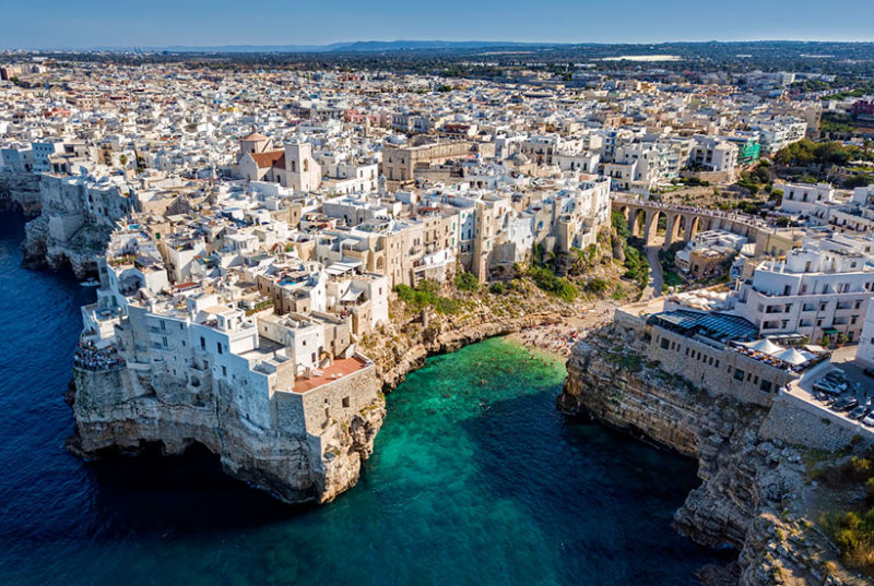 Aerial view of Polignano A Mare with beach