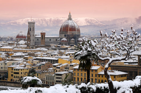 Beautiful winter cityscape of Florence with Cathedral of Santa Maria del Fiore on the background
