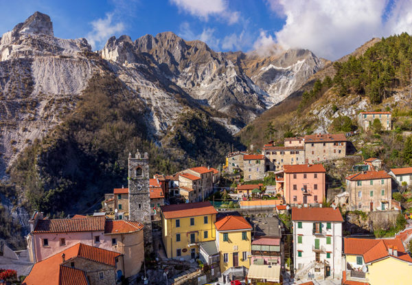 village of Colonnata and Apuan Alps marble quarries in the background 