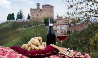 White truffles arranged on a pillow with wine and a shaver. a Piedmont landmark can be seen in the background