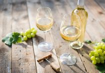 pecorino wine with white wine bottle and grapes