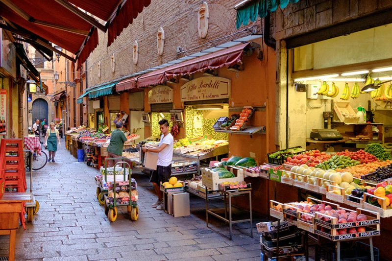 Characteristic food shops in the historic center of Bologna