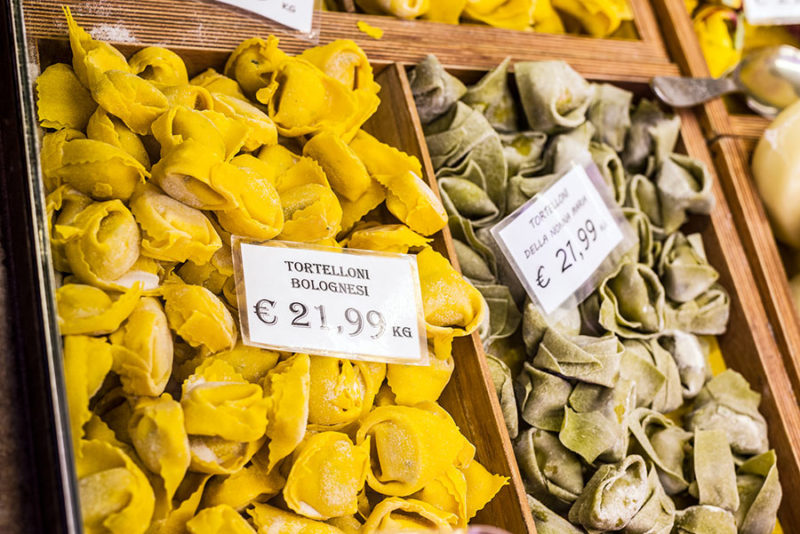 Tortelloni in a market of Bologna. Emilia-Romagna. Italy