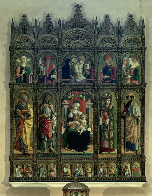 Pieta, Madonna and Child, Eight Saints. Polyptych of Ascoli Cathedral, by Crivelli Carlo, 1473, 15th Century, panelItaly, Marche, Ascoli Piceno, Sant'Egidio Cathedral. Whole artwork. Predella with busts of saints and martyrs central register axial panel Madonna Mary with Infant Jesus; Christ Child; Baby Jesus; Child Jesus enthroned on either side saints standing in the upper register deposition.