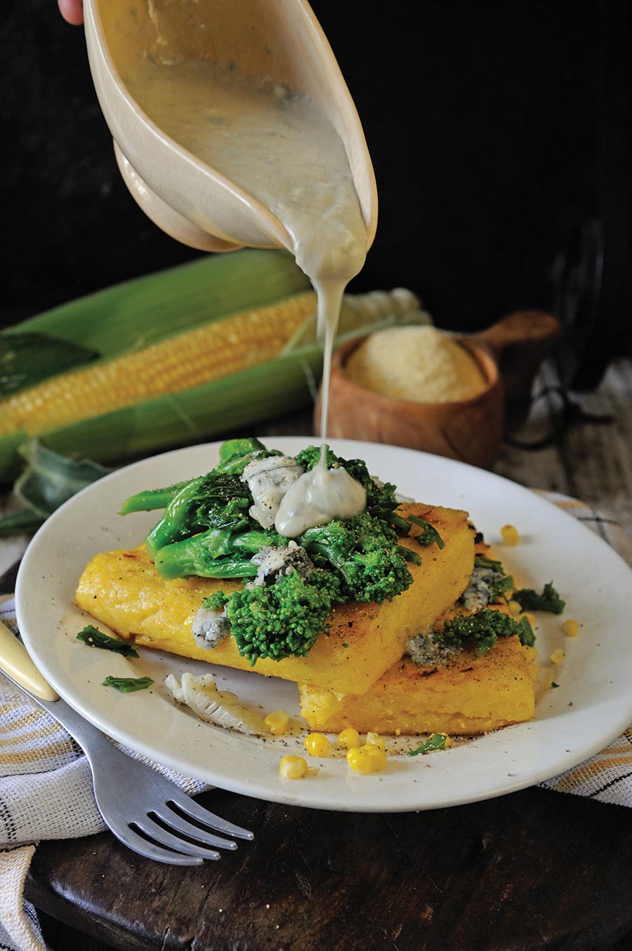 Grilled polenta with cime di rapa and gorgonzola sauce