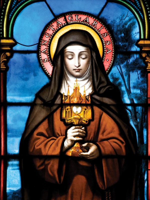 Work by artist M. Lorin of Chartres, France. He was commissioned to prepare this painting on glass of St. Claire in 1878