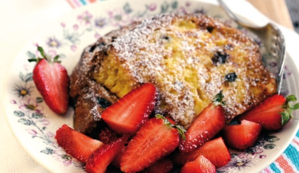 leftover panettone pudding served with strawberries
