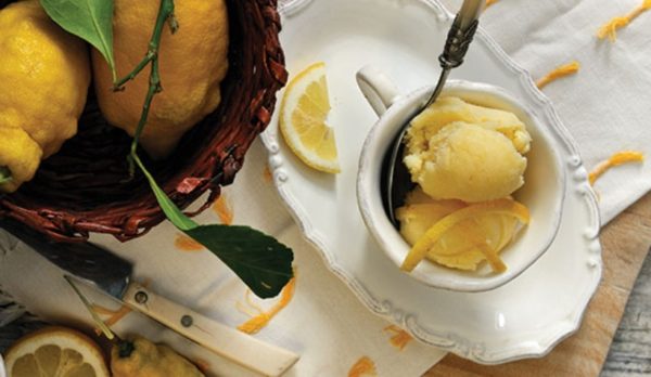 Lemon ice cream dessert on Italian kitchen table