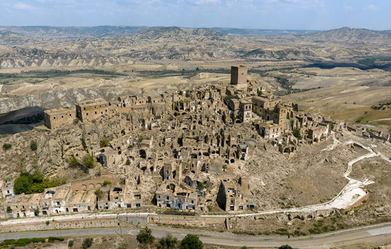Aerial view of Craco, a ghost town in the province of Matera, Basilicata, Italy