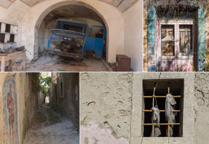 Collage of abandoned buildings and alleyways in Italian ghost town apice vecchio