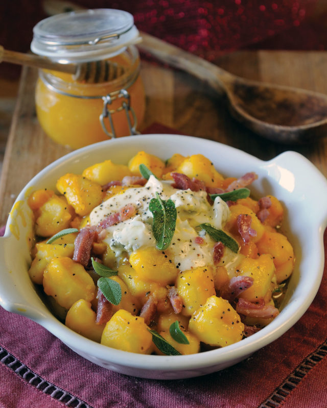 pumpkin and gorgonzola gnocchi with honey and pancetta