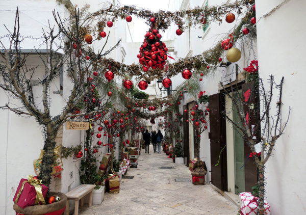 White Locorotondo street with Christmas decorations
