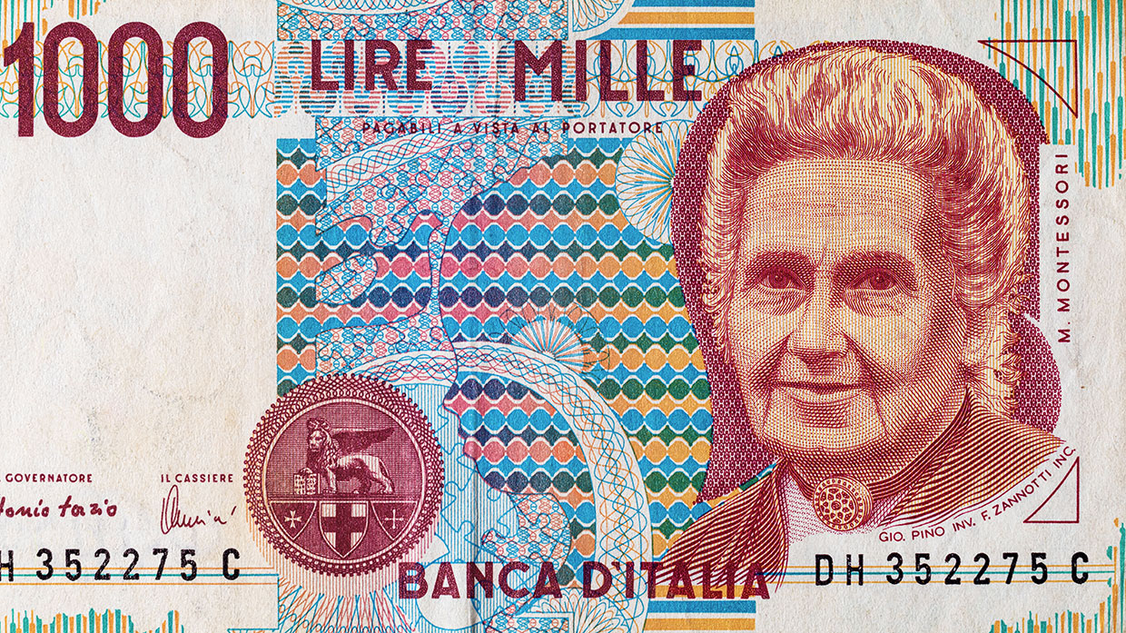 1000 lire banknote from Italy with portrait of Maria Montessori