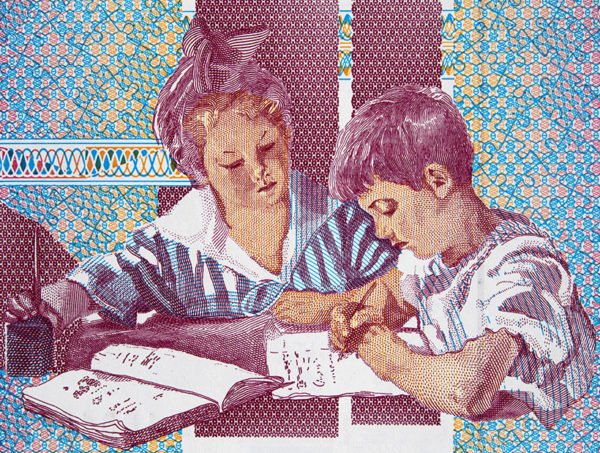 Children during Montessori education on 1000 Italian lira (1990) banknote close up