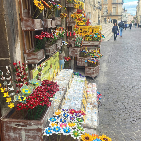 A shop displays a range of confetti (sugared almond) flowers