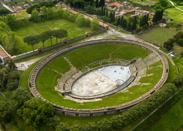 Aerial view of the Pompeii amphitheater and Large Palaestra